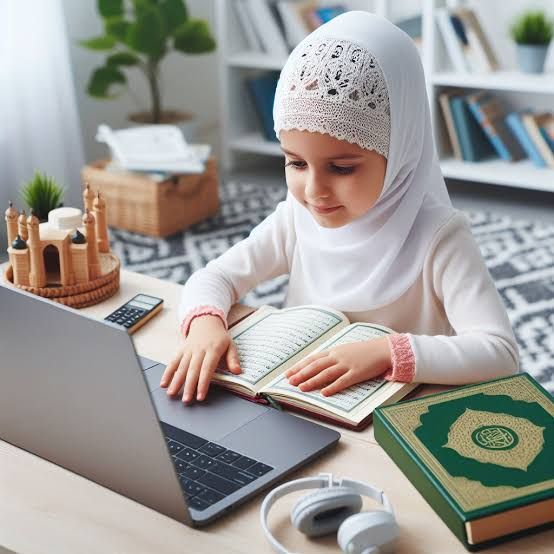Student engaged in online Quranic study with laptop and Quran